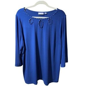 Dreamknit Quacker Factory Royal Blue Jewel Neck 3/4 Sleeve Top Plus 1X Blouse
